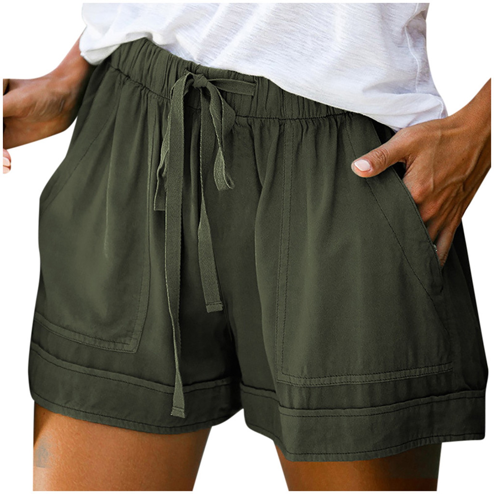 thumbnail image 3 of Pantalones cortos cómodos con cordón y cintura elástica para mujer - Pantalones holgados de color liso con bolsillos - Ropa informal de verano de poliéster, 3 of 8